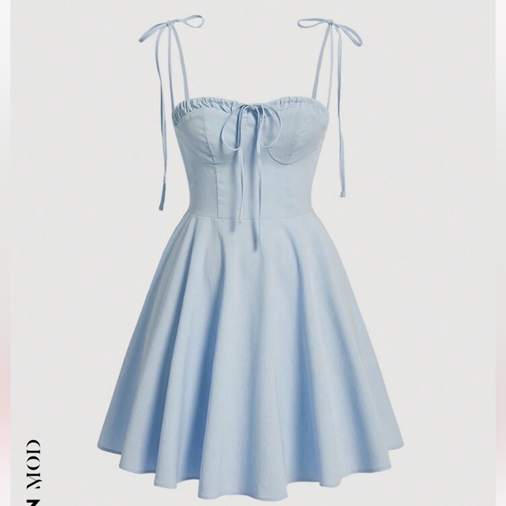 SHEIN MOD Women's Frill Edge Cinching Waist Strappy Mini Dress Light Blue